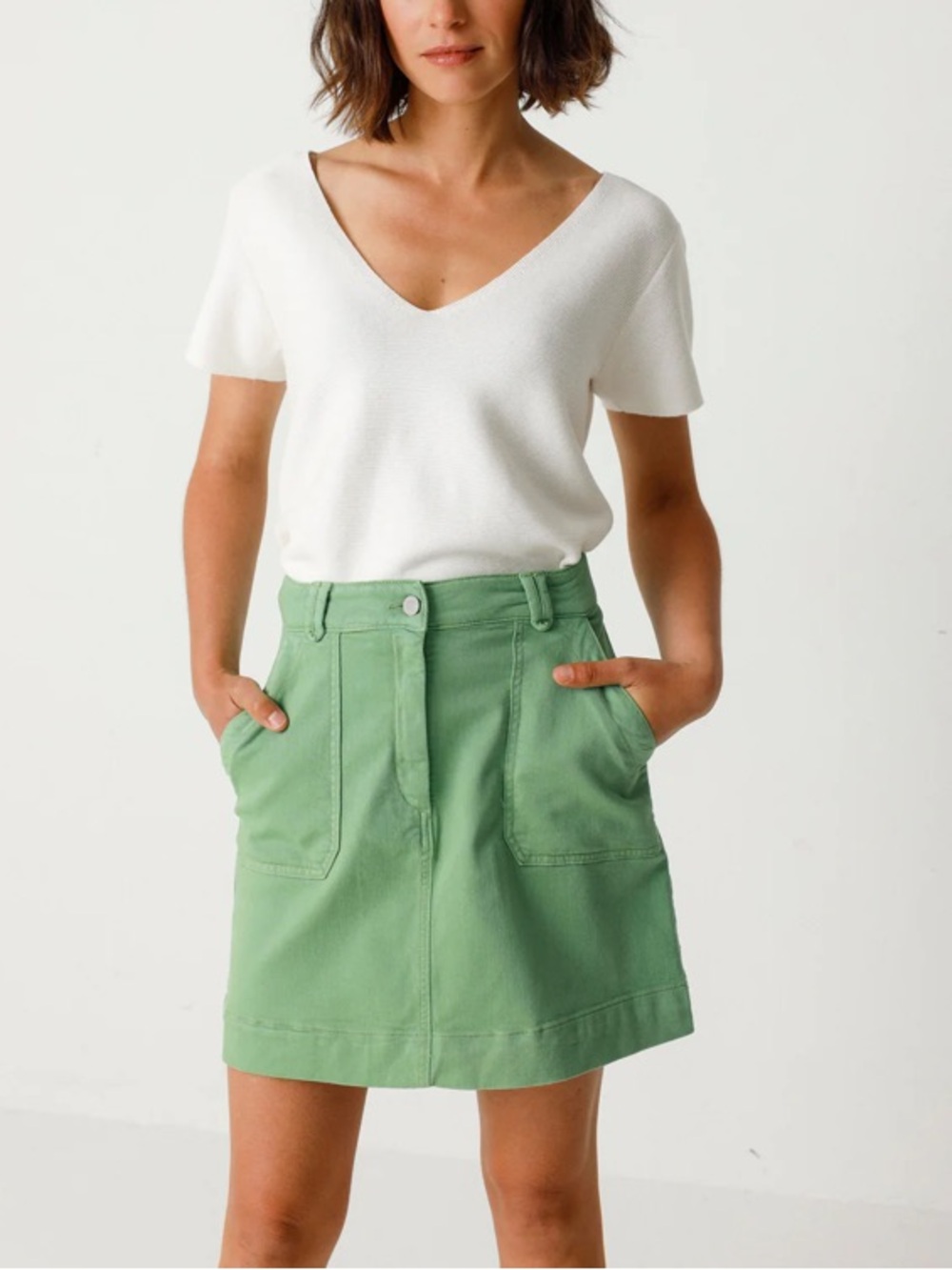SKFK Demiku Green Stretch Denim Mini Skirt A-Line High Waist Casual NWT Size 6